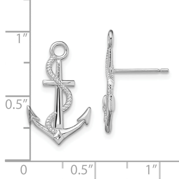 Sterling Silver Rhodium-plated Polished Anchor w/Rope Post Earrings