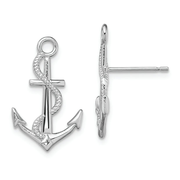 Sterling Silver Rhodium-plated Polished Anchor w/Rope Post Earrings
