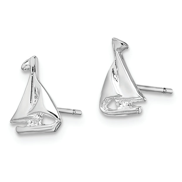 Sterling Silver Rhodium-plated Polished Mini Sailboat Post Earrings