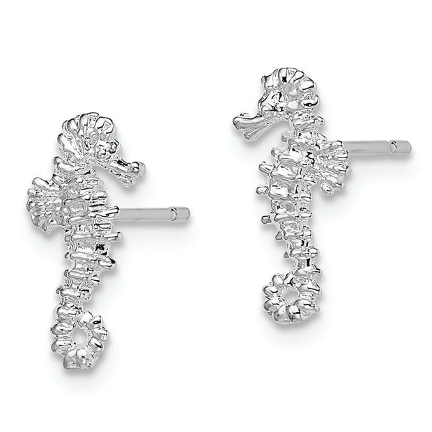 Sterling Silver Rhodium-plated Polished Mini Seahorse Post Earrings