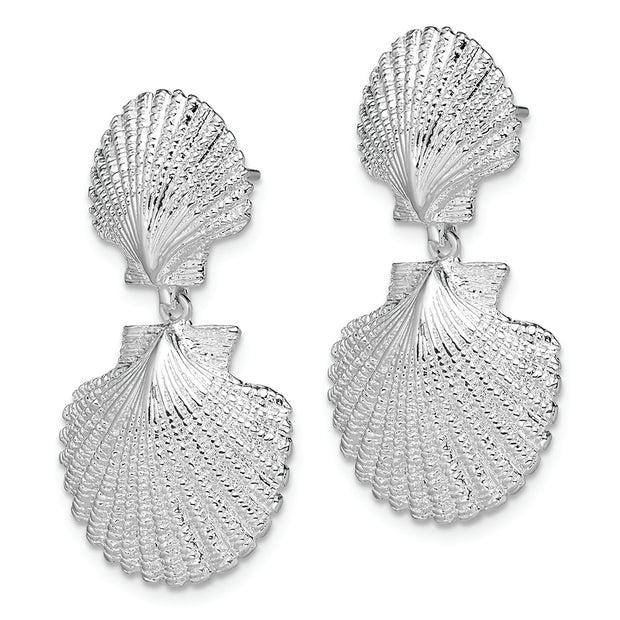 Sterling Silver Rhod-plated Polished Double Shell Dangle Post Earrings
