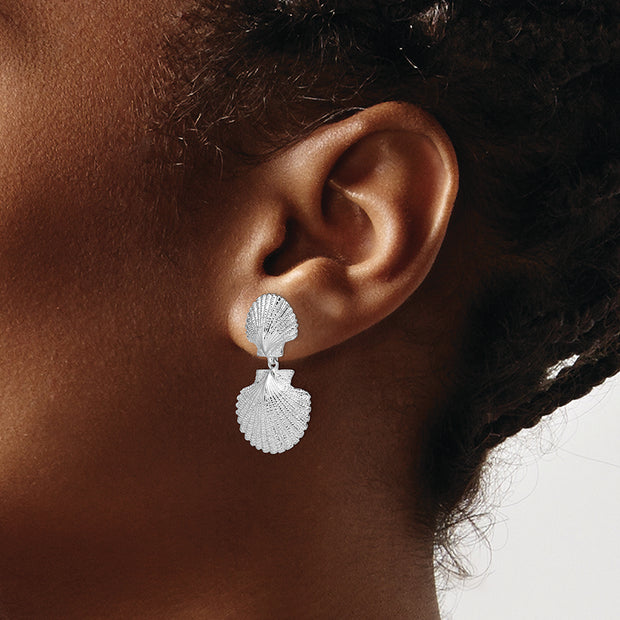 Sterling Silver Rhod-plated Polished Double Shell Dangle Post Earrings