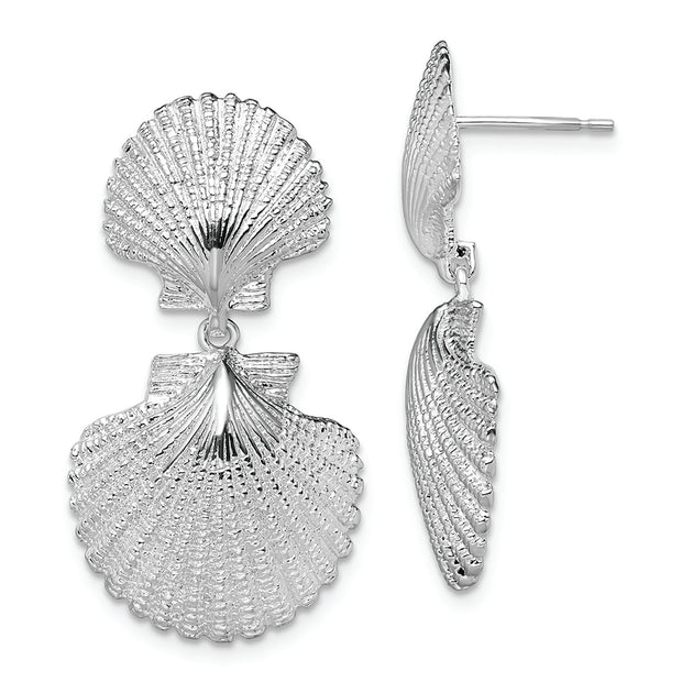Sterling Silver Rhod-plated Polished Double Shell Dangle Post Earrings