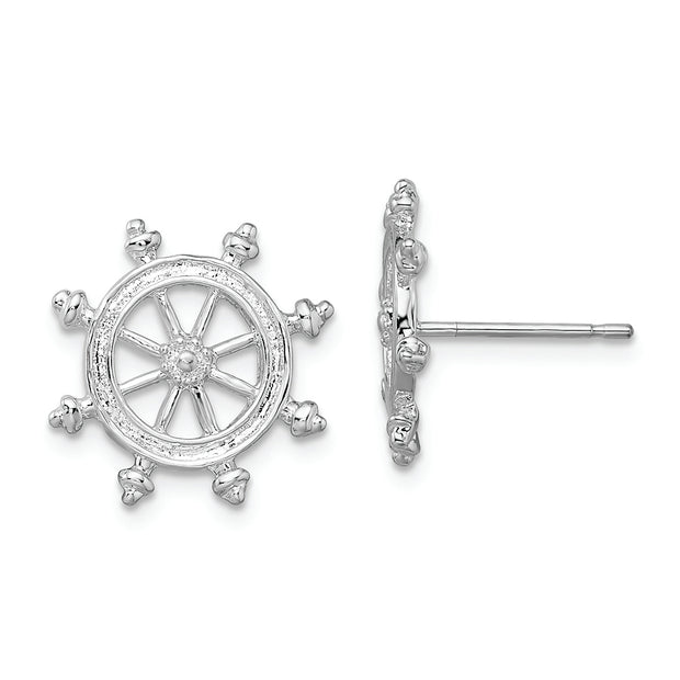 Sterling Silver Rhodium-plated Polished Ships Wheel Post Earrings