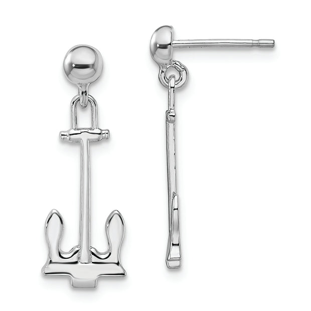 Sterling Silver Rhodium-plated Polished Anchor Dangle Post Earrings