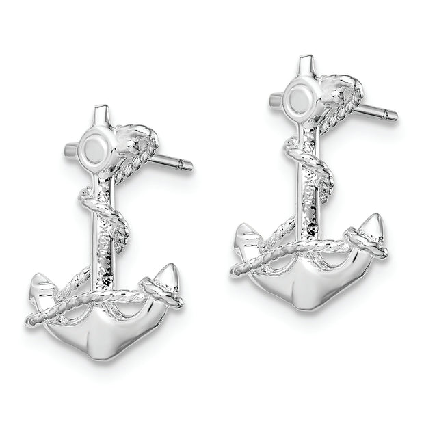 Sterling Silver Rhodium-plated Polished Anchor w/Rope Post Earrings