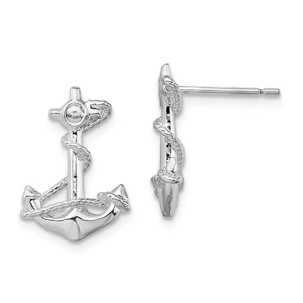 Sterling Silver Rhodium-plated Polished Anchor w/Rope Post Earrings