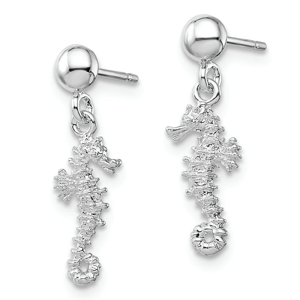 Sterling Silver Rhodium-plated 3D Mini Seahorse Dangle Post Earrings