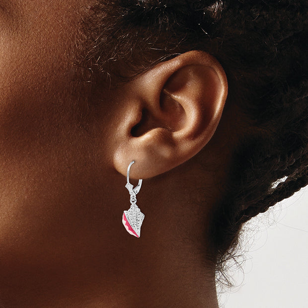 Sterling Silver Rhodium-plated Enameled Conch Shell Leverback Earrings