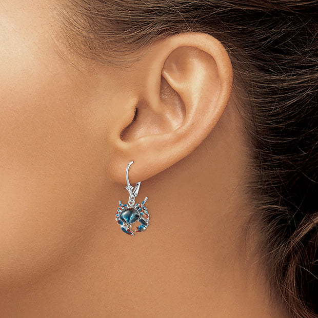 Sterling Silver Rhodium-plated Enameled Stone Crab Leverback Earrings