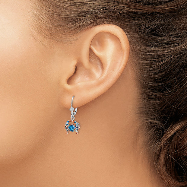Sterling Silver Rhodium-plated Enameled Blue Crab Leverback Earrings