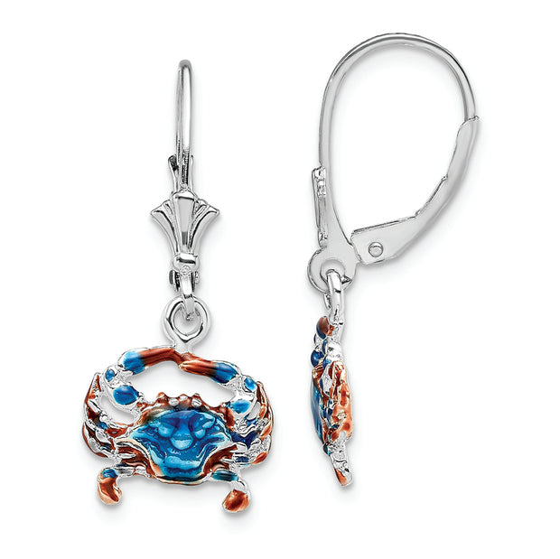 Sterling Silver Rhodium-plated Enameled Blue Crab Leverback Earrings