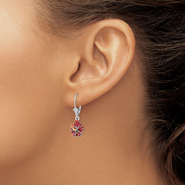 Sterling Silver Rhodium-plated Enamel Red Hibiscus Leverback Earrings