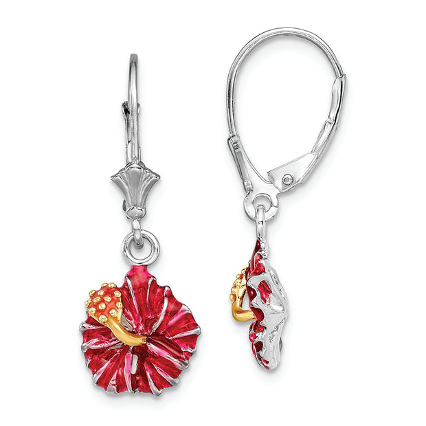 Sterling Silver Rhodium-plated Enamel Red Hibiscus Leverback Earrings