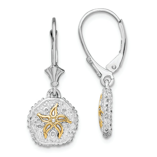 Sterling Silver Rhod-plated Sand Dollar w/14k Starfish Leverback Earrings