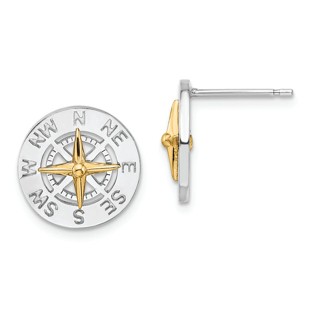 Sterling Silver Rhodium-plated Mini Compass w/14k Needle Post Earrings