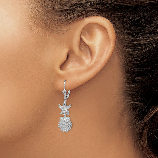 Sterling Silver Rhodium-plated Starfish and Shell Leverback Earrings