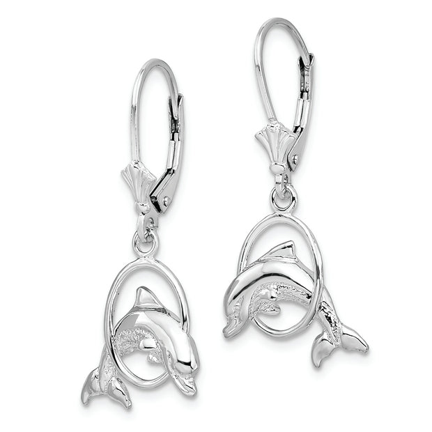 Sterling Silver Rhodium-plated Dolphin in Hoop Leverback Earrings