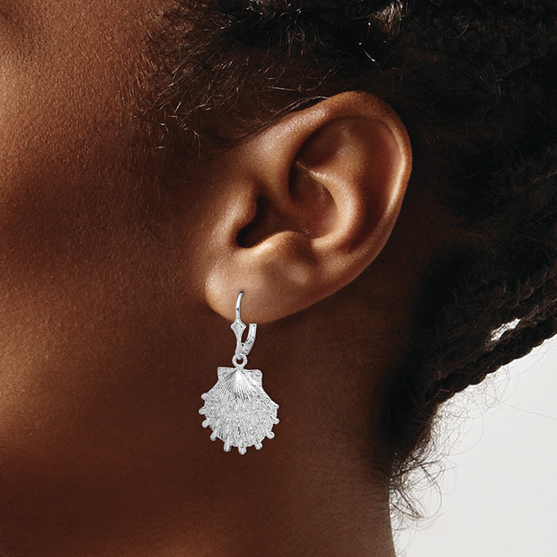Sterling Silver Polished Lions Paw Shell Leverback Earrings