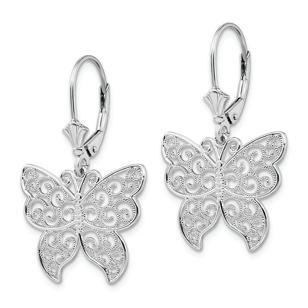 Sterling Silver Rhod-plated Polished Filigree Butterfly Leverback Earrings