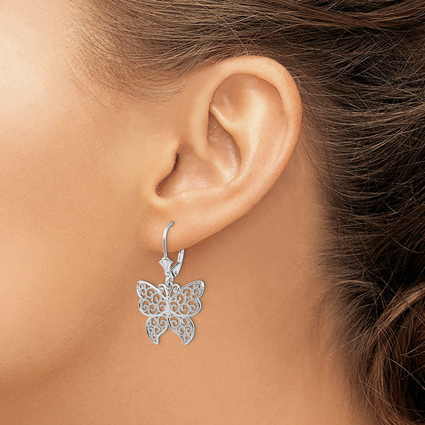Sterling Silver Rhod-plated Polished Filigree Butterfly Leverback Earrings