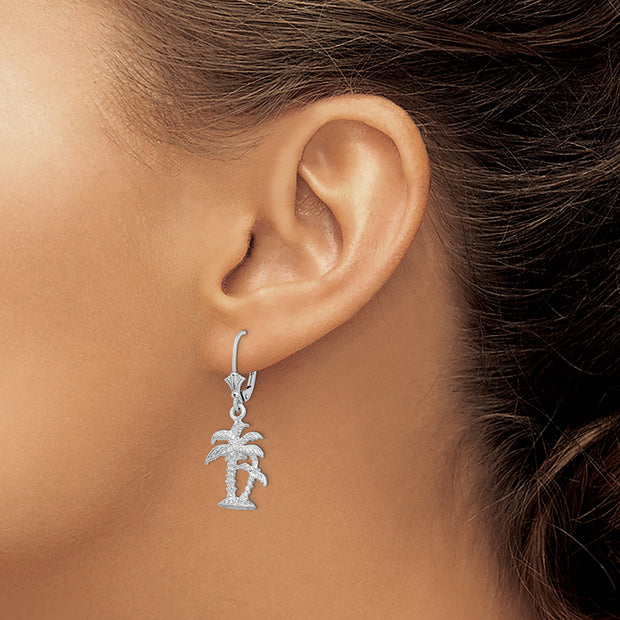 Sterling Silver Rhodium-plated Polished Palm Trees Leverback Earrings