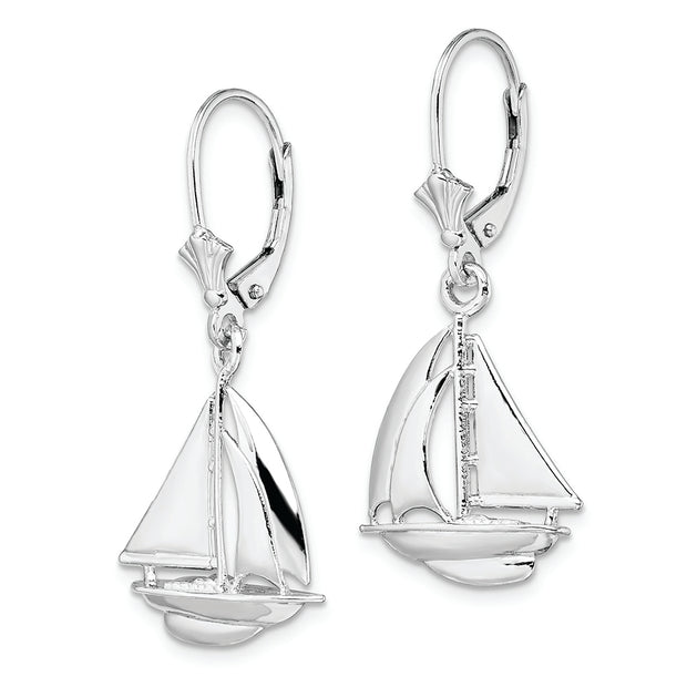 Sterling Silver Rhodium-plated Polished Sailboat Leverback Earrings