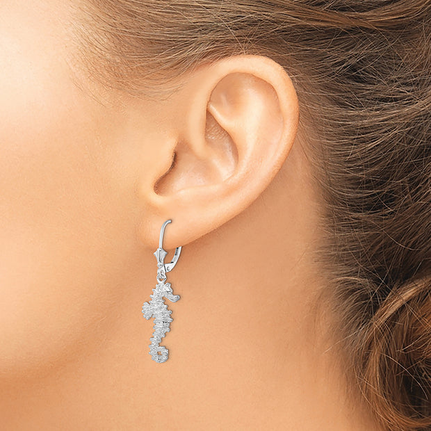 Sterling Silver Rhodium-plated Polished 3D Seahorse Leverback Earrings
