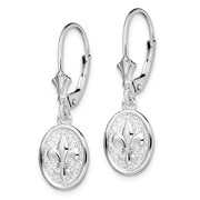 Sterling Silver RH-plated Textured Fleur de Lis Leverback Dangle Earrings