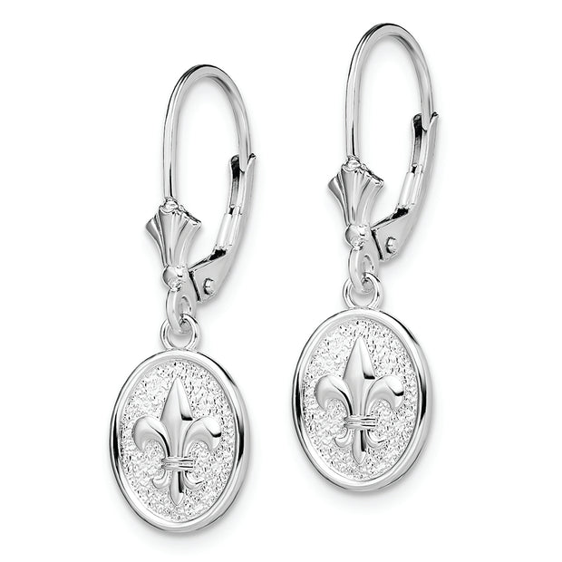 Sterling Silver RH-plated Textured Fleur de Lis Leverback Dangle Earrings