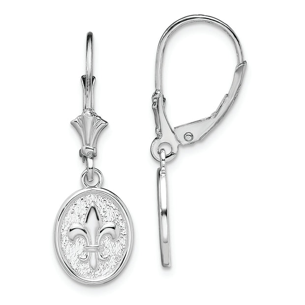 Sterling Silver RH-plated Textured Fleur de Lis Leverback Dangle Earrings