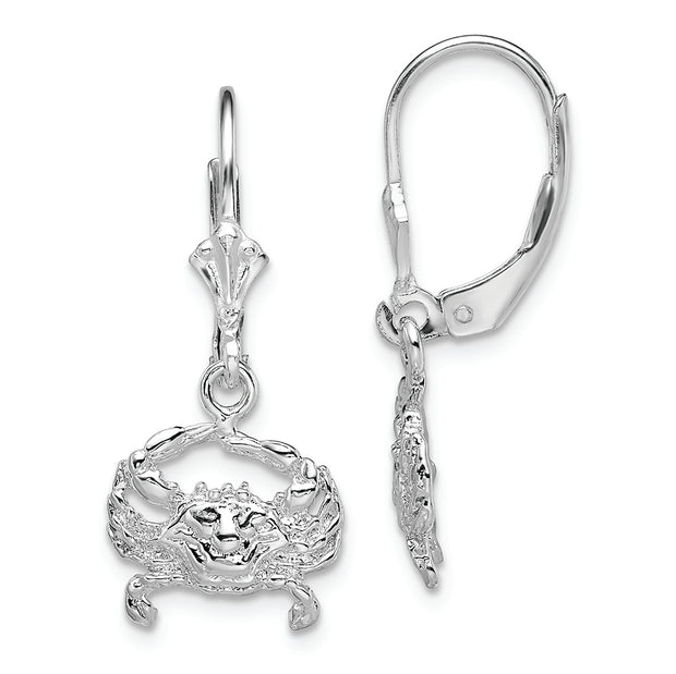 Sterling Silver Rhodium-plated Polished Blue Crab Leverback Earrings