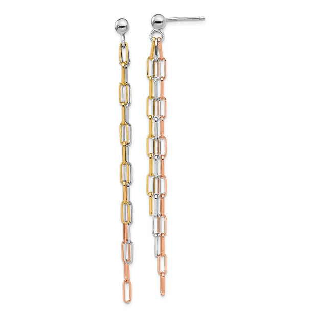 Sterling Silver RH-plate Rose & Yellow-tone Paperclip Link 3-strand Earri