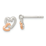 Sterling Silver Rhodium/Rose Gold-plated Polish Double Heart Post Earrings