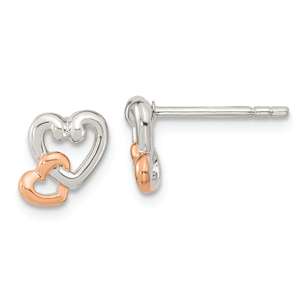 Sterling Silver Rhodium/Rose Gold-plated Polish Double Heart Post Earrings