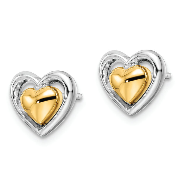 Sterling Silver RH-plated & Gold-plated Heart Post Earrings