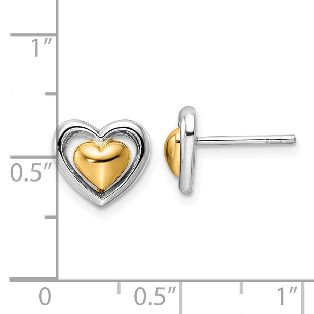 Sterling Silver RH-plated & Gold-plated Heart Post Earrings