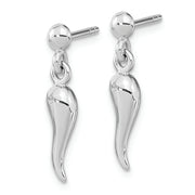 Sterling Silver RH-plated Polish CZ Italian Horn Dangle Post Earrings