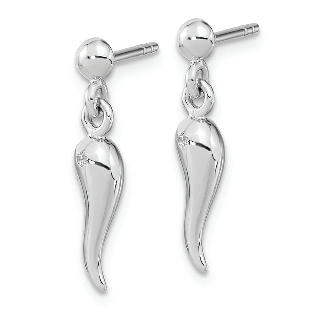 Sterling Silver RH-plated Polish CZ Italian Horn Dangle Post Earrings