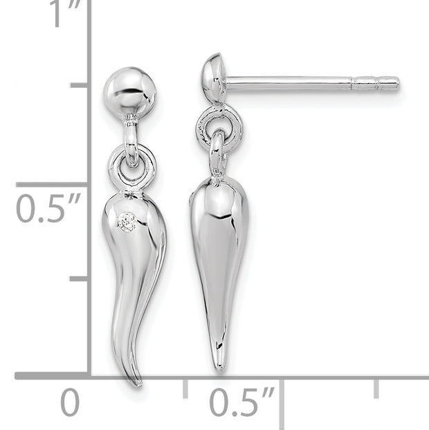 Sterling Silver RH-plated Polish CZ Italian Horn Dangle Post Earrings