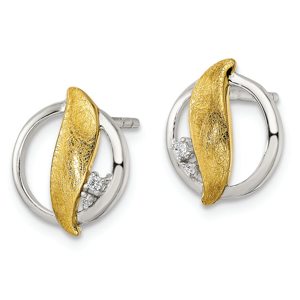 Sterling Silver Rh-pltd Gold-tone Polished/Brushed CZ Circle Post Earrings