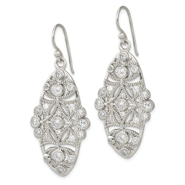 Sterling Silver Polished Fancy CZ Dangle Shephard Hook Earrings