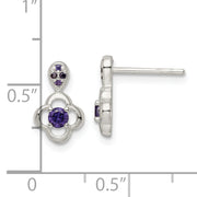 Sterling Silver Polished Purple CZ Flower Post Dangle Earrings