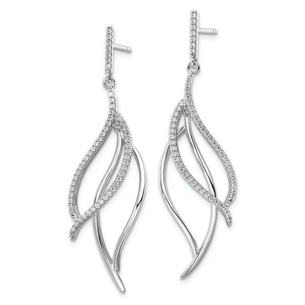 Sterling Silver Rhodium-plated CZ Dangle Leaf Earrings