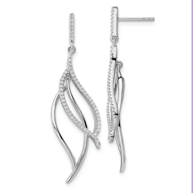 Sterling Silver Rhodium-plated CZ Dangle Leaf Earrings
