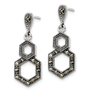 Sterling Silver Antiqued Marcasite Hexagon Post Dangle Earrings