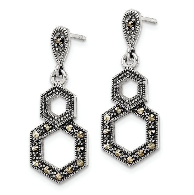 Sterling Silver Antiqued Marcasite Hexagon Post Dangle Earrings