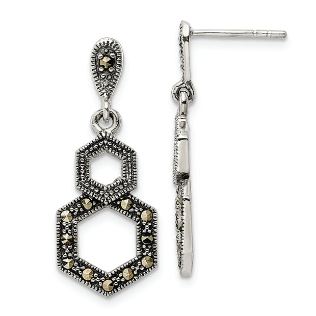 Sterling Silver Antiqued Marcasite Hexagon Post Dangle Earrings