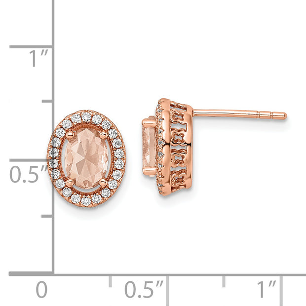 Sterling Silver Rose-tone Polished Pink & White CZ Oval Post Earrings