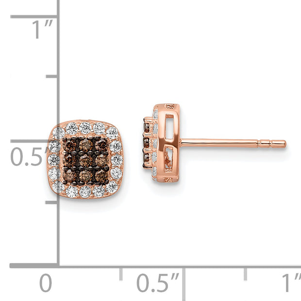 Sterling Silver Rose-tone Blk Rhodium-plate Fancy CZ Square Post Earrings
